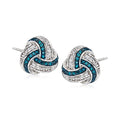 Sterling silver love knot stud earrings with blue and white diamond accents, post backs