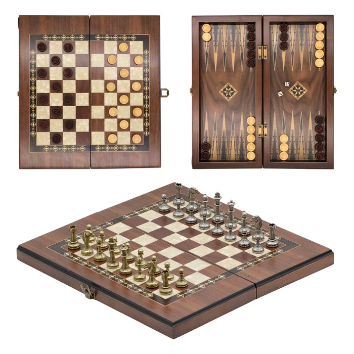 3-in-1 Chess, Checkers & Backgammon Set | Walnut & Mother of Pearl