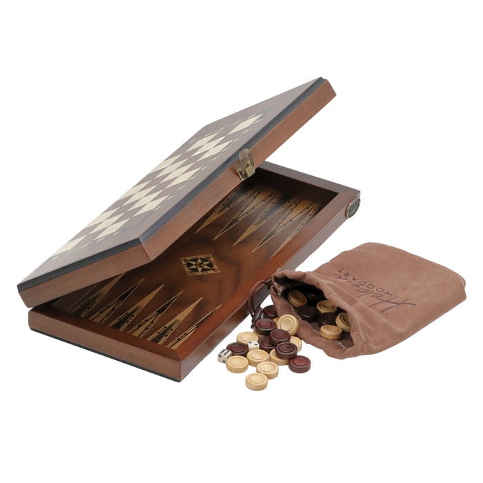3-in-1 chess, checkers & backgammon set from Helena Wood Art showing mother-of-pearl inlays on exterior chess & checkers board and internal backgammon board with wooden discs and plastic dice in drawstring bag