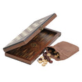 3-in-1 chess, checkers & backgammon set from Helena Wood Art showing mother-of-pearl inlays on exterior chess & checkers board and internal backgammon board with wooden discs and plastic dice in drawstring bag
