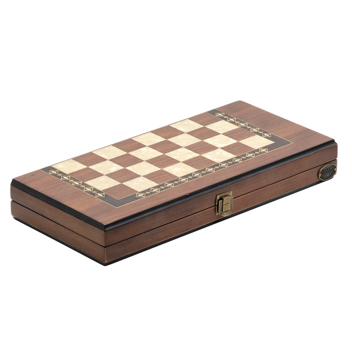 Diagonal view of 3-in-1 chess, checkers & backgammon set from Helena Wood Art showing mother-of-pearl inlays on exterior chess & checkers board and metal clasp