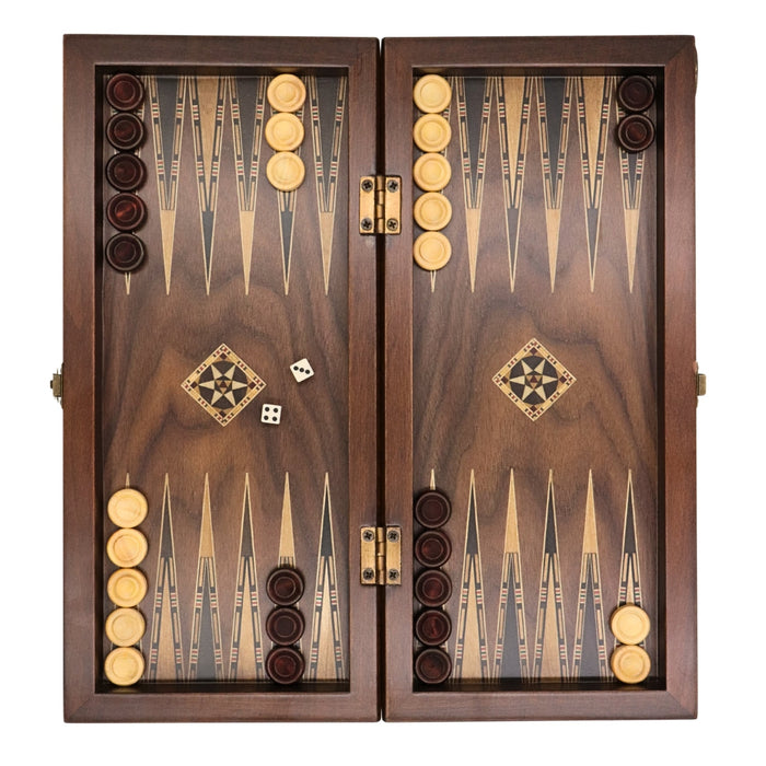 Top view of 3-in-1 chess, checkers & backgammon set from Helena Wood Art showing interior backgammon board with marquetry, and wooden discs and dice.