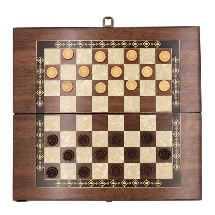 Top view of 3-in-1 chess, checkers & backgammon set from Helena Wood Art showing mother-of-pearl inlays on exterior chess & checkers board with wooden checkers discs