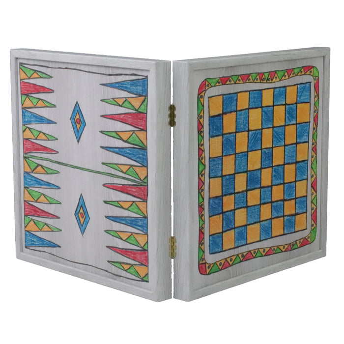 5-IN-1 COMBO GAMES | 34cm | Chess, Backgammon, Ludo, Snakes, Checkers | CHILDRENS DRAWINGS | Grey Wooden Case | CBLS34FTH