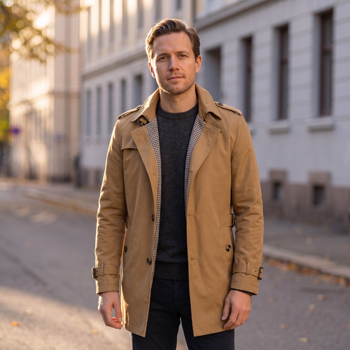 Camel cotton car coat worn open on a Helsinki street in autumn