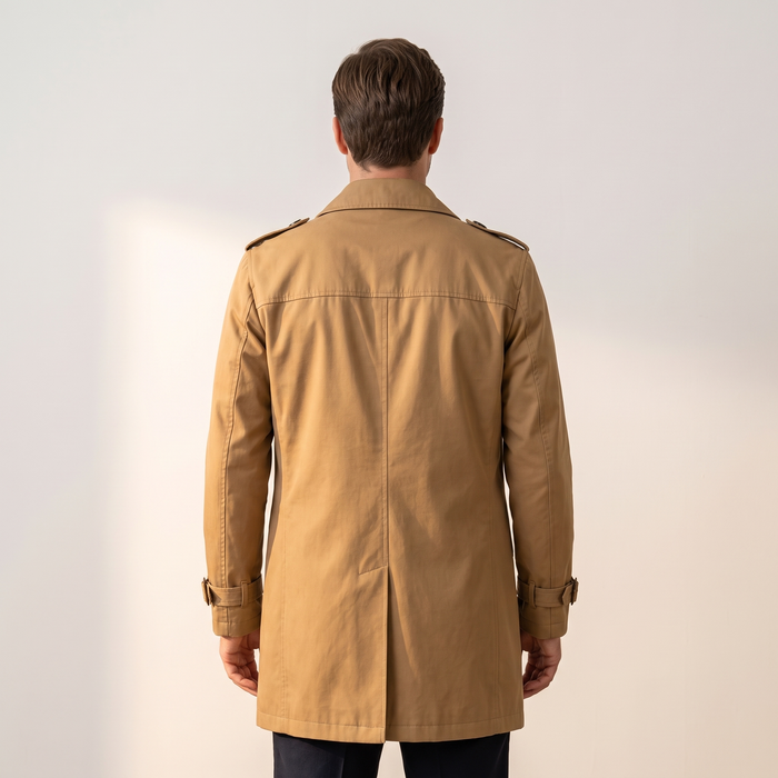 Back view of the camel cotton car coat showing the centre vent and epaulettes