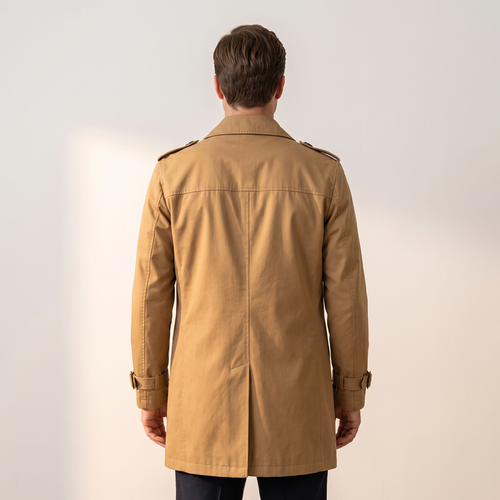 Back view of the camel cotton car coat showing the centre vent and epaulettes