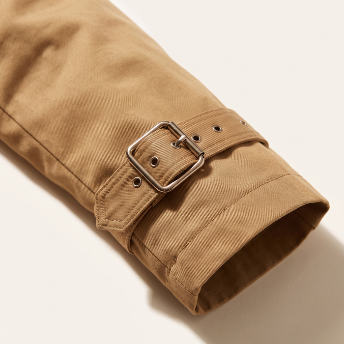 Sleeve detail of the camel cotton car coat showing the buckled cuff strap