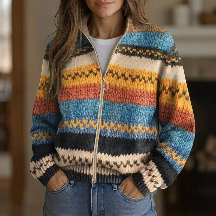Aila - Chevron Stripe Zip Cardigan