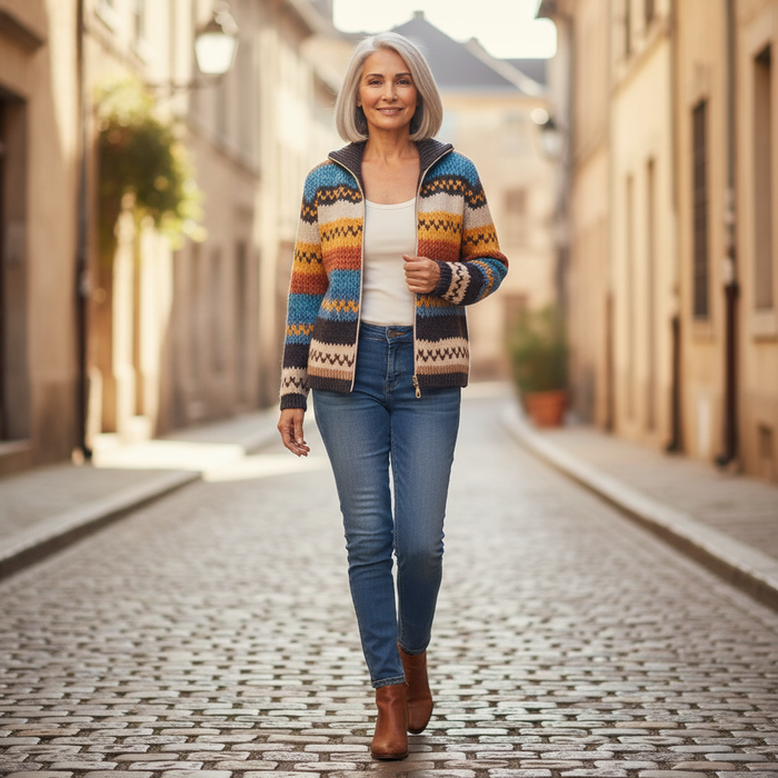 Aila - Chevron Stripe Zip Cardigan