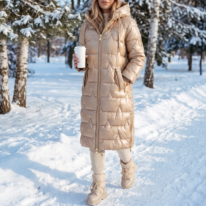 Alexia Quilted Coat - woman on snowy park path, winter afternoon lifestyle mood