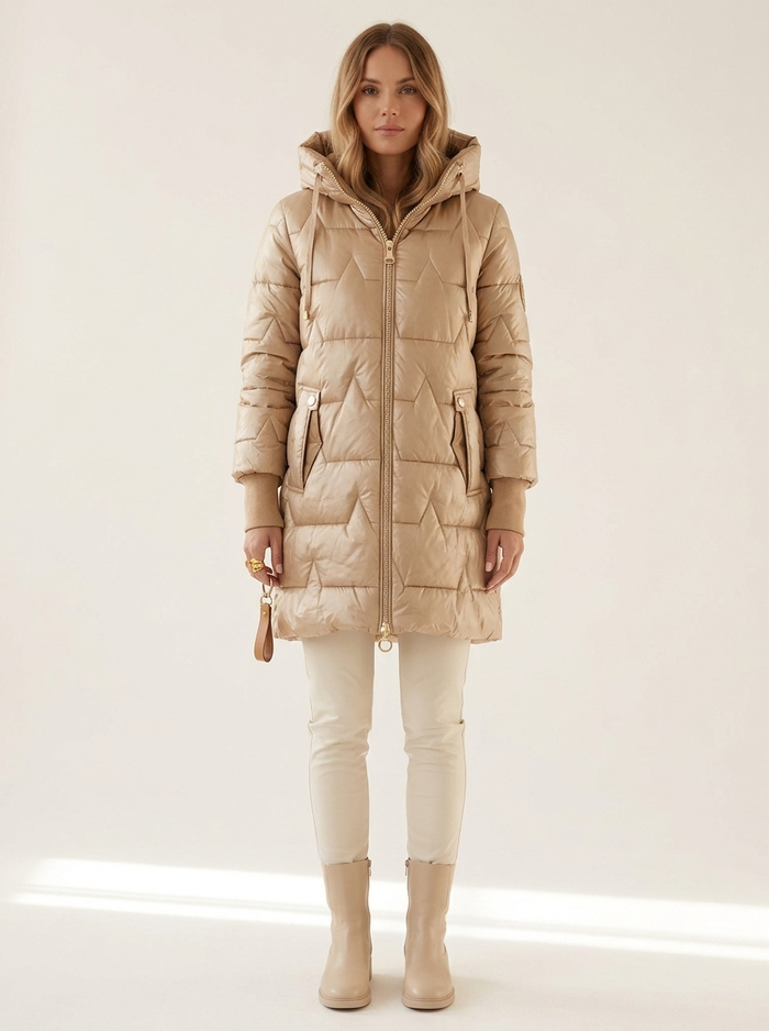 Alexia Coat Quilted Long with Hood beige - editorial hero