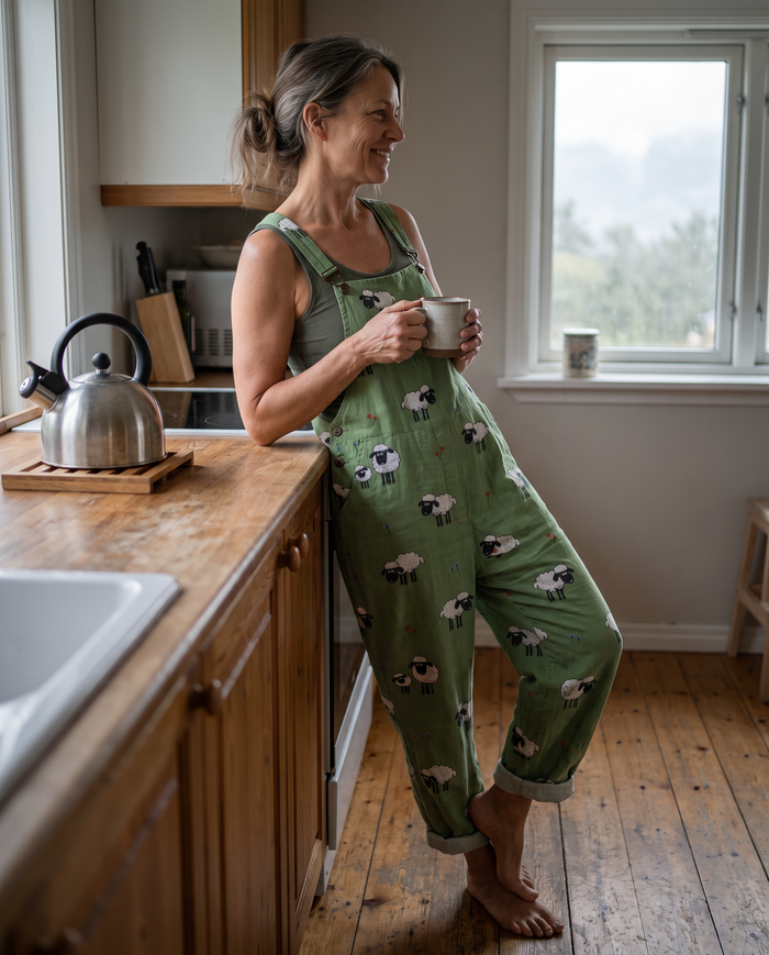 Alicia printed jumpsuit worn at home in the kitchen