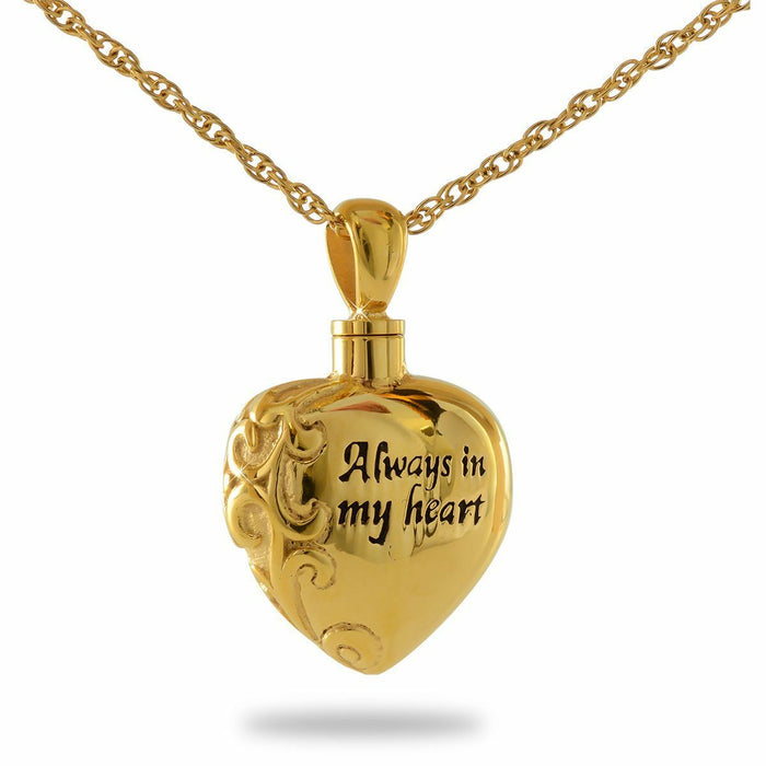 "Always in my heart" Brass/Gold Vermeil Pendant Funeral Cremation Urn w/necklace