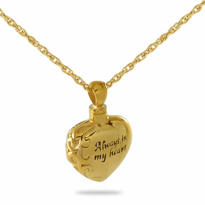 "Always in my heart" Brass/Gold Vermeil Pendant Funeral Cremation Urn w/necklace