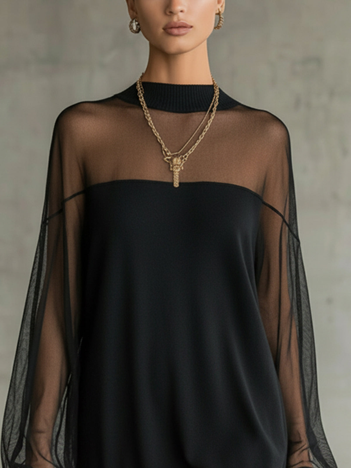Amelie | Black Elegant with Sleeves Mesh Mini Dress