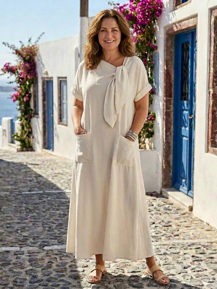 Ameline | With Neckline Round and Short-Sleeve with Pockets Maxi Dress