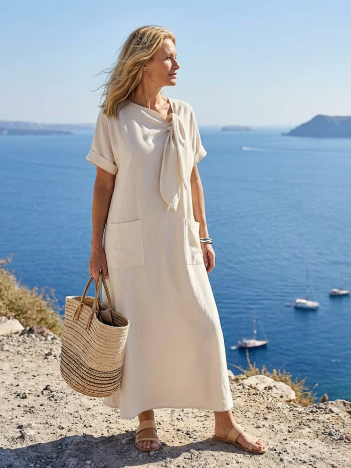 Ameline | With Neckline Round and Short-Sleeve with Pockets Maxi Dress