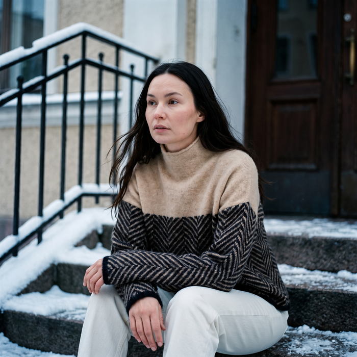 Anais jumper on Helsinki apartment steps in winter