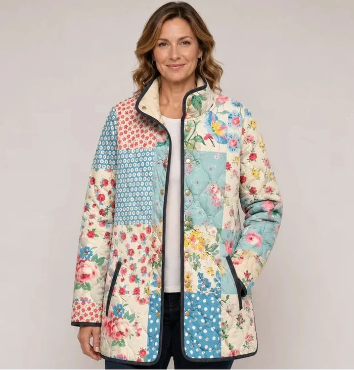 EMMA Anja quilted jacket in multicolour patchwork print, worn by a model