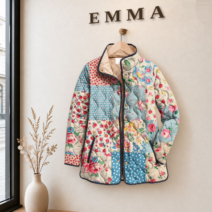 EMMA Anja quilted jacket in multicolour patchwork print, on a hanger in the EMMA boutique