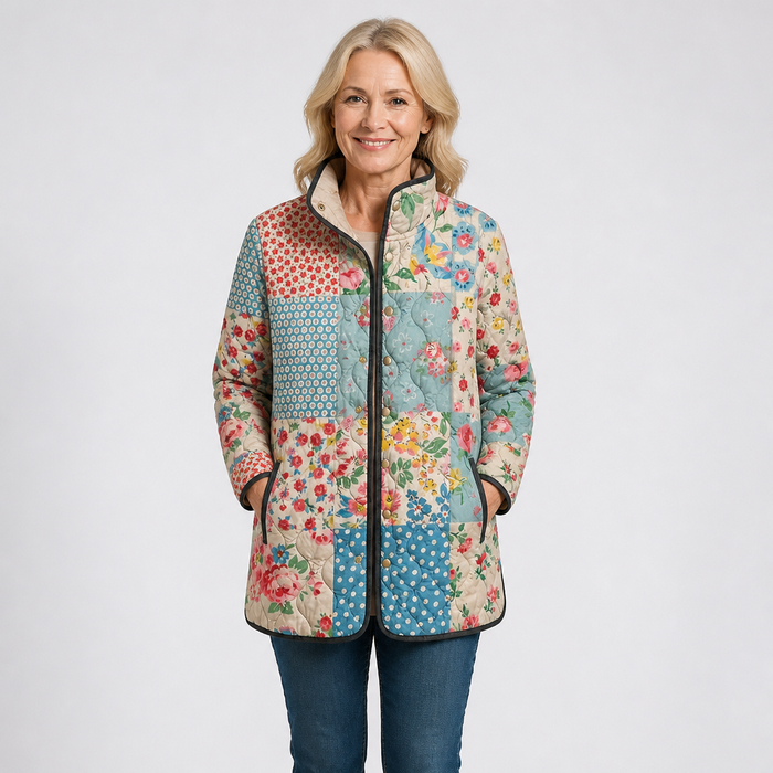 EMMA Anja quilted jacket in multicolour patchwork print, worn by a model