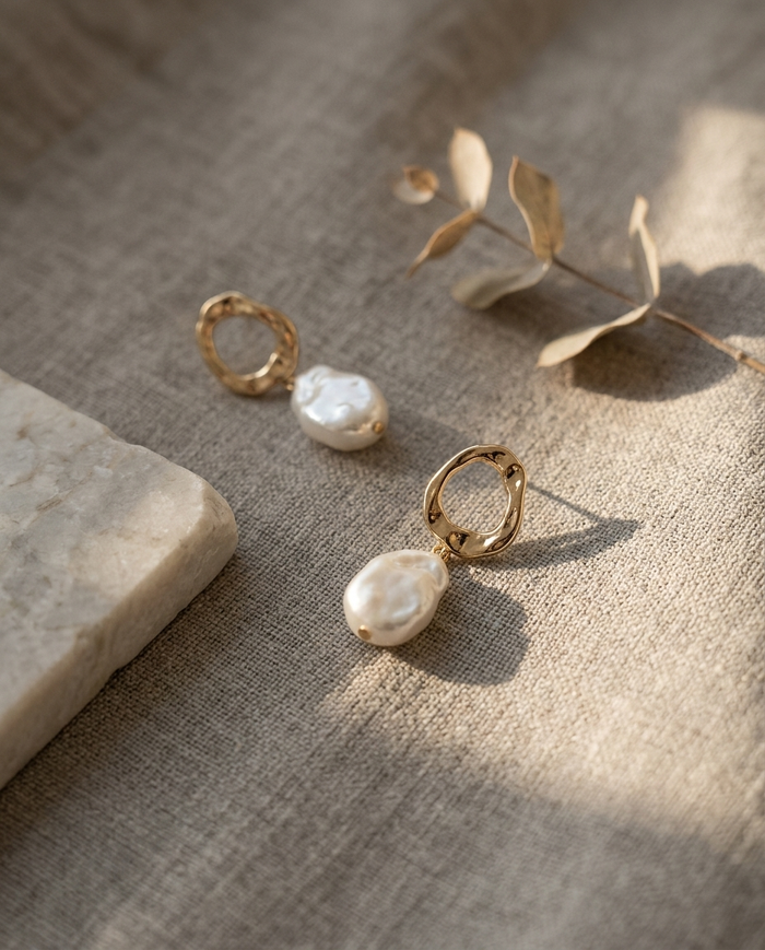Geometric pearl drop earrings styled on linen