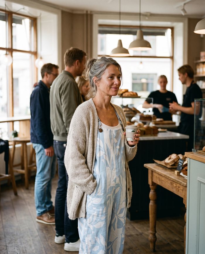 Ansa printed wide-leg jumpsuit worn in a bakery