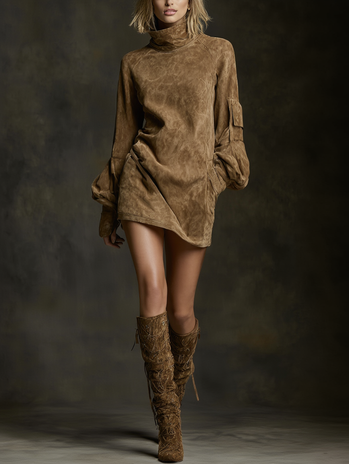 Ariane | Roomy Suede-effect with Neckline High Mini Dress