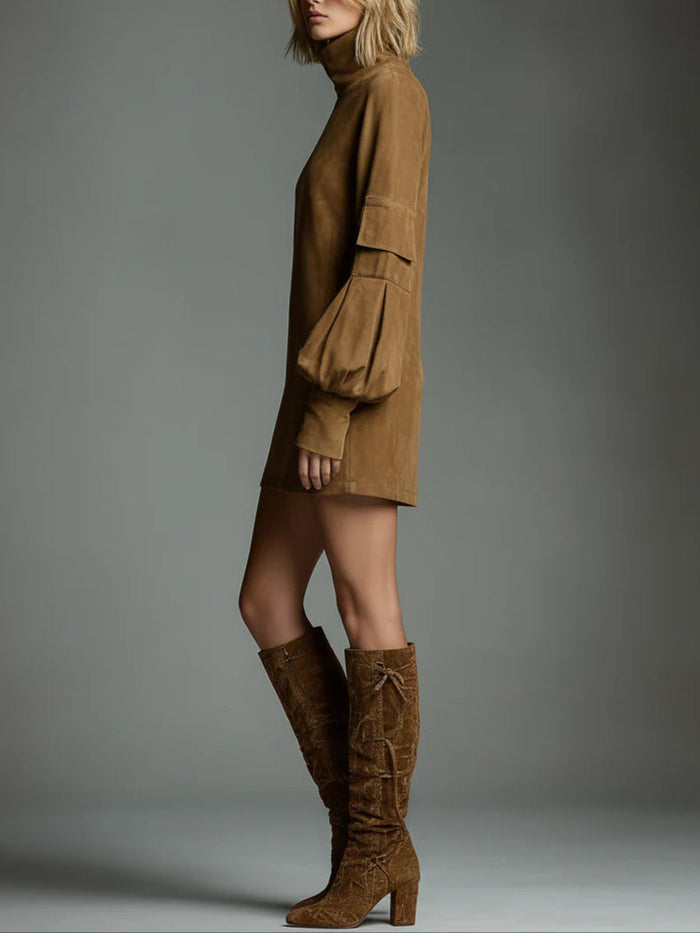 Ariane | Roomy Suede-effect with Neckline High Mini Dress