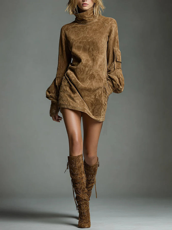 Ariane | Roomy Suede-effect with Neckline High Mini Dress