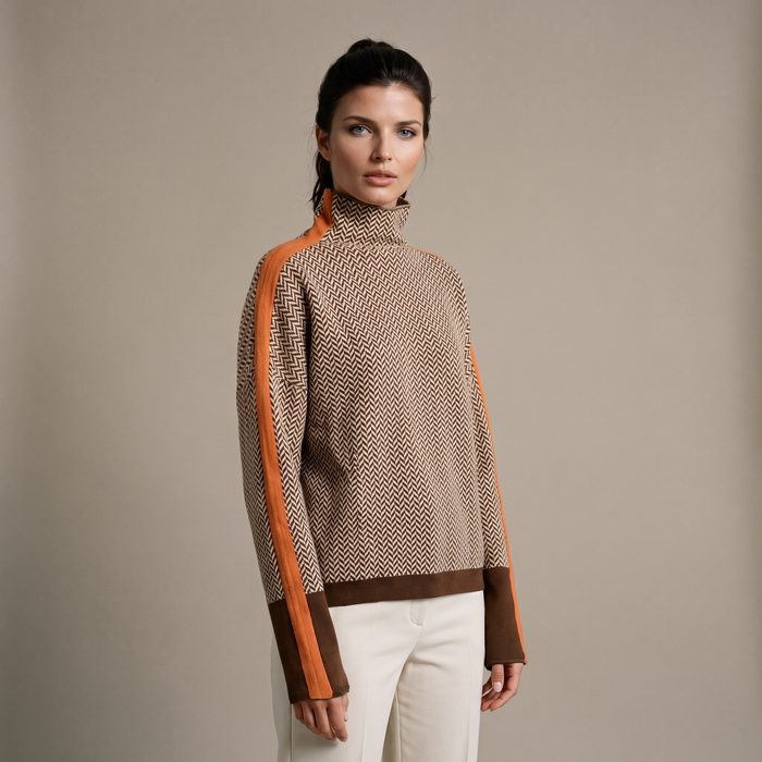 Aristea high-neck striped contrast jumper on model
