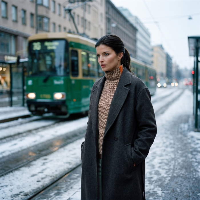 Aristea jumper at a Helsinki tram stop in winter