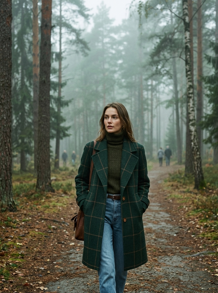 Atenea Wool Check Coat - foggy forest lifestyle mood