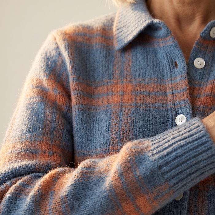 Close-up of the Aura cardigan fabric, showing the brushed knit surface, plaid weave and pearl buttons