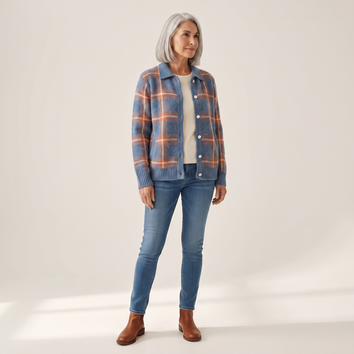 Aura brushed plaid shirt cardigan seen from the side, showing the dropped shoulder and ribbed cuff