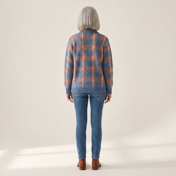 Back view of the Aura brushed plaid shirt cardigan, showing the plaid across the back panel
