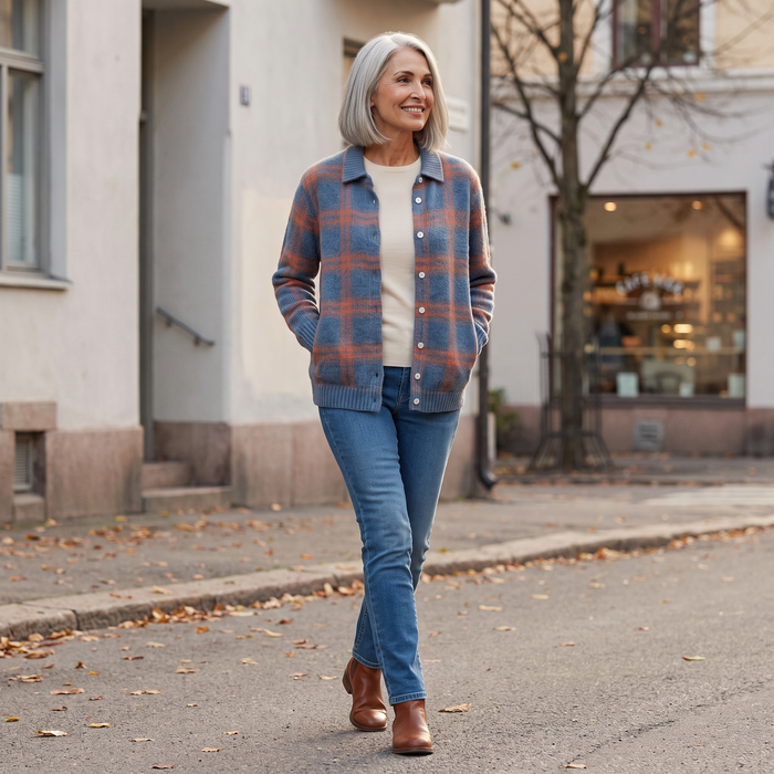 Woman wearing the Aura plaid shirt cardigan walking along a Nordic street on an autumn morning