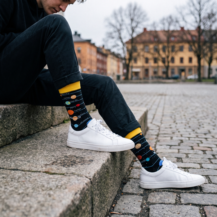 Man on a concrete step wearing planet and spaceship socks with trainers