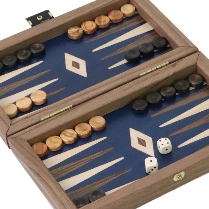 Backgammon | American Walnut | Handmade | Blue Inlay | Walnut & Oak Points | 20 x 12cm | TK04