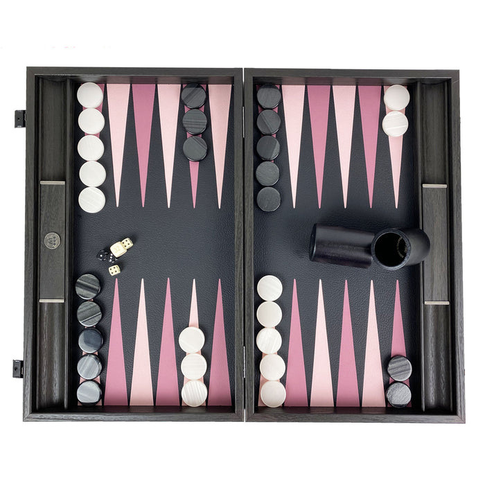 Backgammon | Dusty Pink & Black Leatherette Inlay | Side Racks | 48 x 30cm | BDE1APK