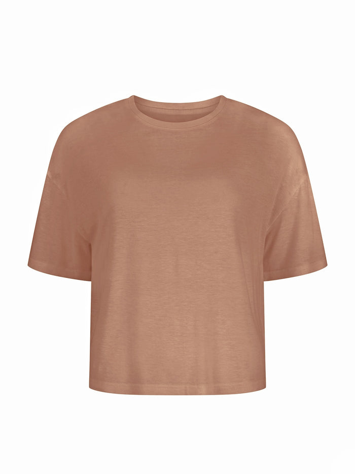 A short-sleeve crewneck t-shirt in a tan, terracotta color, displayed against a solid white background.