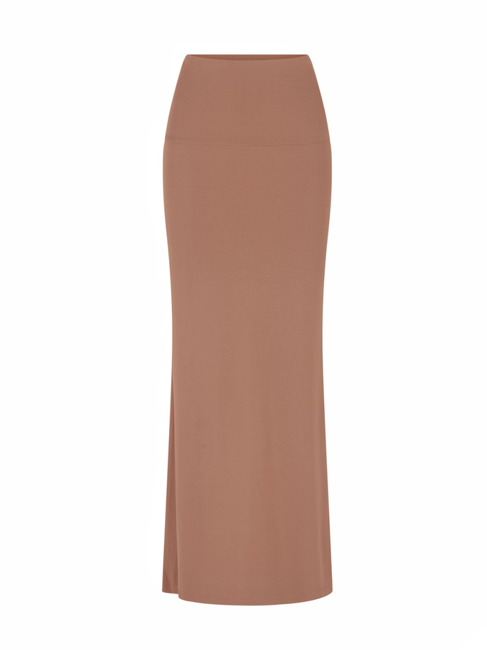 Bamboo toffee brown maxi pencil tube skirt on a white background