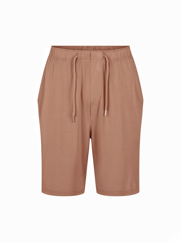 Men's knee length Toffee brown casual shorts with elasticised waist, drawstring and deep pockets, men's bamboo clothing