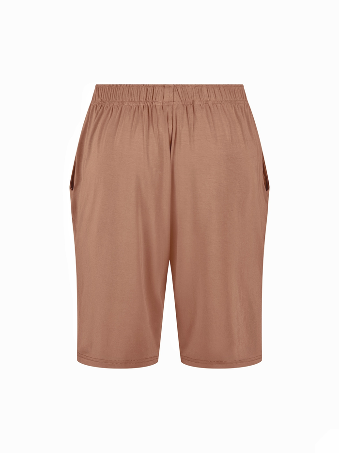 Men's knee length Toffee brown casual shorts with elasticised waist, drawstring and deep pockets, men's bamboo clothing