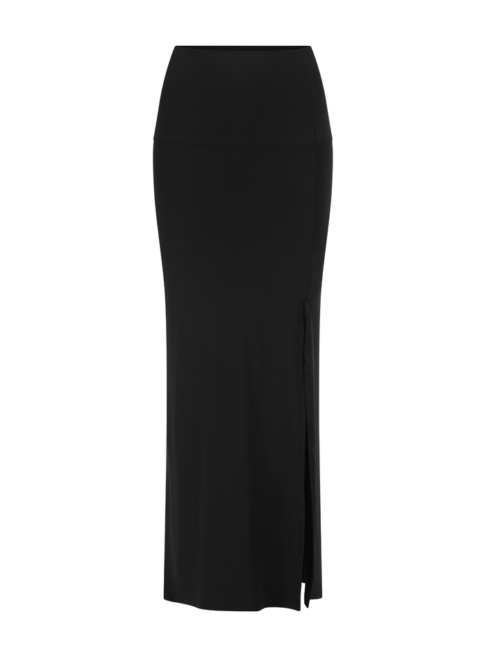 Bamboo black pencil skirt with side split on a white background