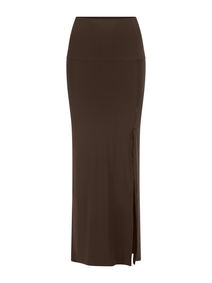 Bamboo cocoa brown pencil skirt with side split on a white background