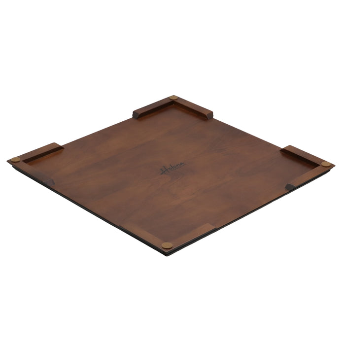 Underside of 50cm Beech Chess Board handcrafted in Turkey with black stained wood and mother-of-pearl inlay with 50mm squares showing Helena Wood Art Logo.