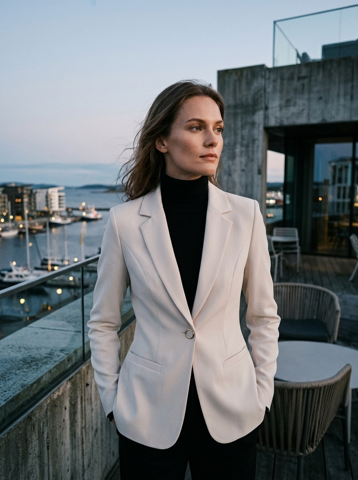 Blazer Modern and Elegant - Nordic harbor rooftop lifestyle mood