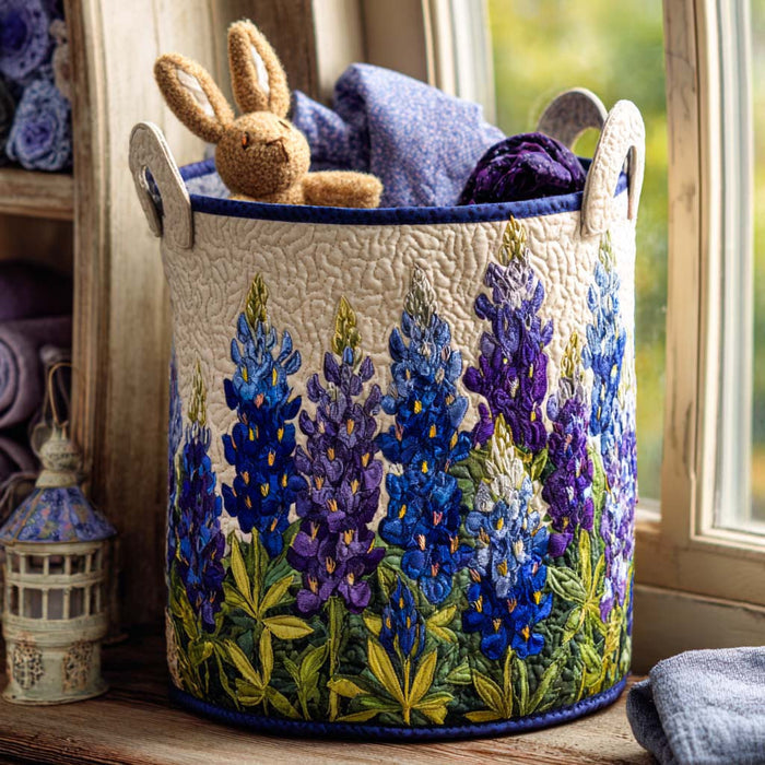 Quilted laundry basket with a field of bluebonnets